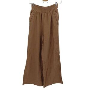 Aerie Women Small Brown Wide Leg Slit Slip On Pants Pockets Ruched Waistband